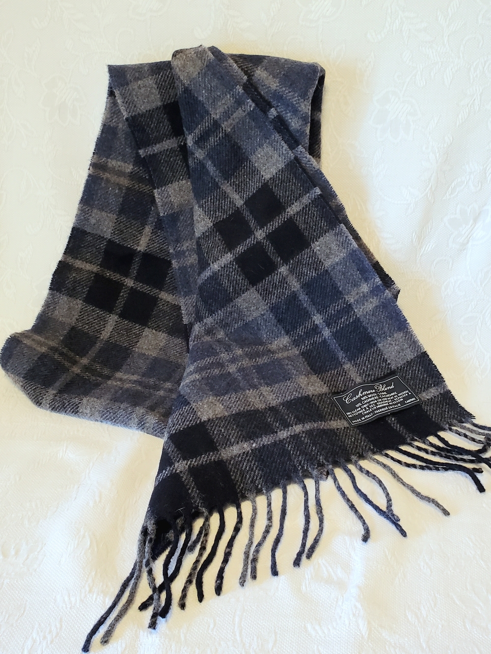Mens Scarf Navy and Gray Plaid Wool Cashmere